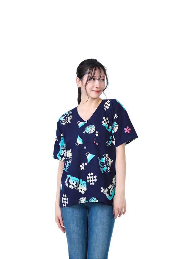 焼津市公認マスコットキャラクターやいちゃんの紺色の魚河岸シャツ